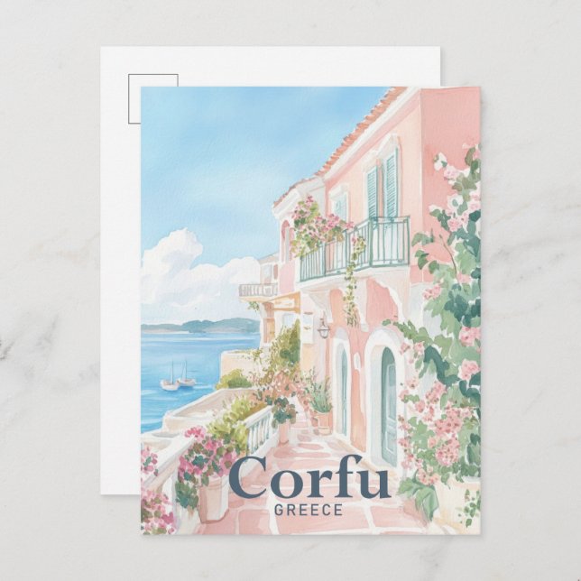 Carte Postale Corfou Grèce Aquarelle Peinture Voyage (Devant / Derrière)