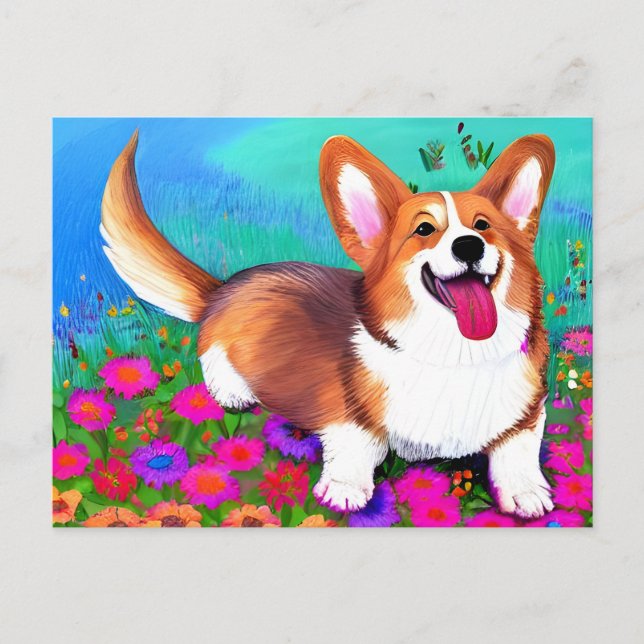 Carte Postale Corgi et fleurs (Devant)