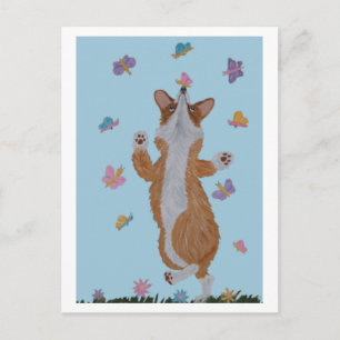 Carte Postale Corgi gallois dansant avec des papillons