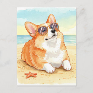 Carte Postale Corgi mignonne en lunettes de soleil sur la plage 