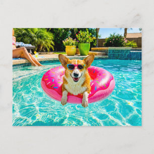 Carte Postale Corgi sur un flotteur en donut