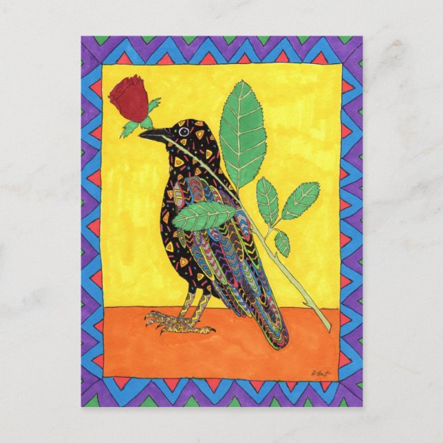 Carte Postale Corneille d'Oaxacan avec Rose rouge (Devant)