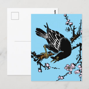 Carte Postale Corneille japonaise vintage et fleurs de cerisiers