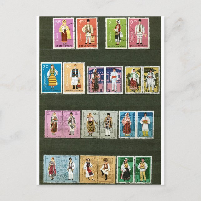 Carte Postale Costumes folkloriques roumains sur timbres (Devant)