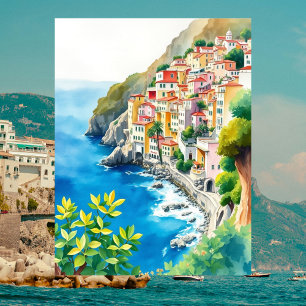 Carte Postale Côte d'Amalfi Italie Aquarelle Côtière Italienne