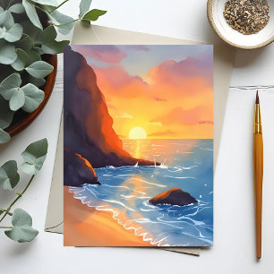 Carte Postale Côte de coucher de soleil   Vagues de l'océan de l