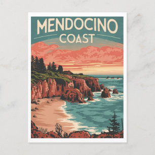 Carte Postale Côte Mendocino, Californie Aquarelle Retro