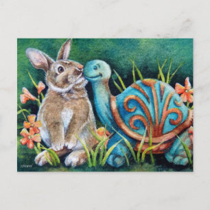 Carte Postale Cottontail Rabbit & Turtle Statue Aquarelle Art