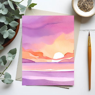 Carte Postale Coucher de soleil aquarelle rose   Beau ciel océan
