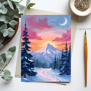 Carte Postale Coucher de soleil au sommet enneigé   Peinture de 