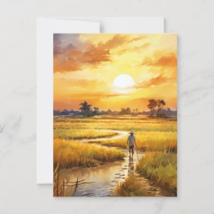 Carte Postale Coucher de soleil doré sur les rizières rurales