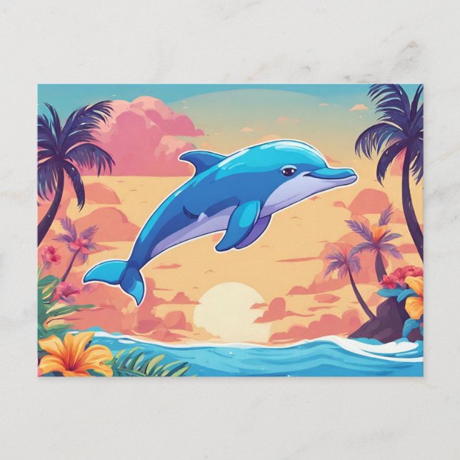 Carte Postale Coucher de soleil et dauphin de l'île tropicale (Devant)