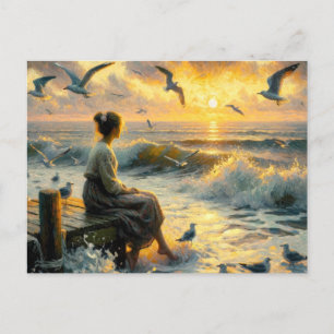 Carte Postale Coucher de soleil et mouettes