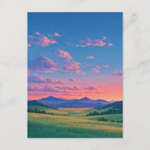Carte Postale Coucher de soleil lumineux sur des collines vertes