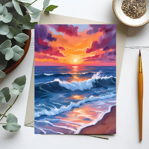 Carte Postale Coucher de soleil océanique Plage Vagues Aquarelle