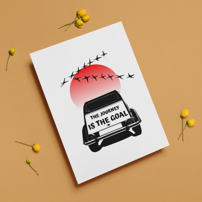 Carte Postale Coucher de soleil Oldtimer 2CV - Le voyage est le  (2CV Postcard in White with a Red Sunset and Birds Illustration)
