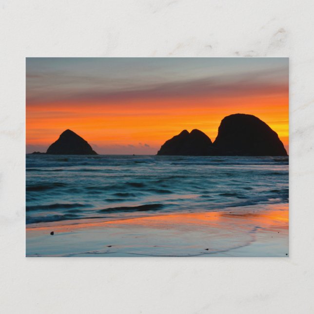 Carte Postale Coucher de soleil, Pierres de mer, Océan, Oregon,  (Devant)