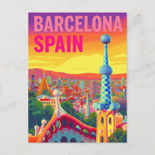 Carte Postale Coucher de soleil rétro Barcelone Gaudi