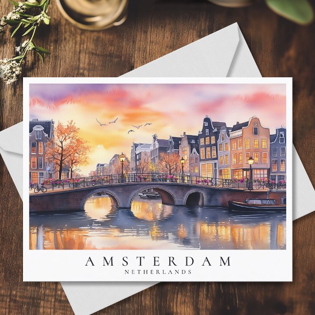 Carte Postale Coucher de soleil romantique Amsterdam Canal Water (Romantic Sunset Amsterdam Canal Watercolor Travel Postcard)