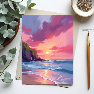 Carte Postale Coucher de soleil rose Océan Vagues de plage Aquar