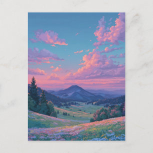 Carte Postale Coucher de soleil rose vibrant sur prairie de mont