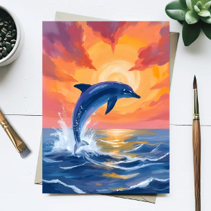 Carte Postale Coucher de soleil saut de dauphin aquarelle océan 