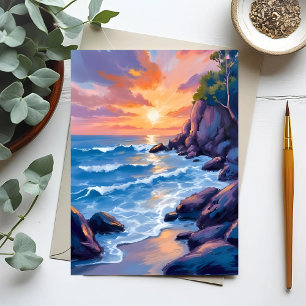 Carte Postale Coucher de soleil sur la baie de l'océan Aquarel