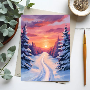 Carte Postale Coucher de soleil sur paysage de pins hivernal   A