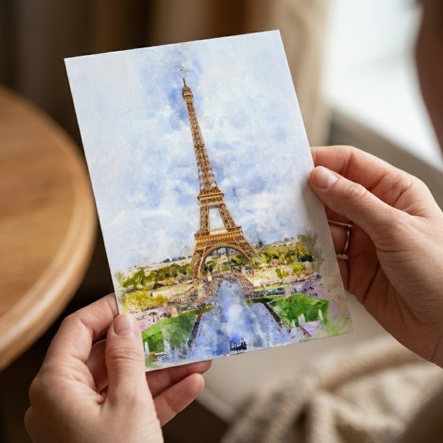 Carte Postale Coucher de soleil Tour Eiffel Paris Aquarelle fran (Sunset Eiffel Tower Paris French Watercolor. Postcard )