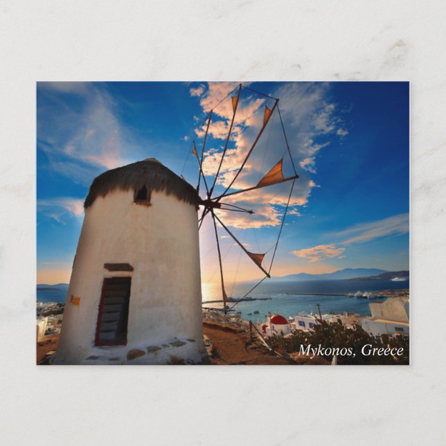 Carte Postale Coucher du soleil de moulin à vent de Mykonos, (Devant)