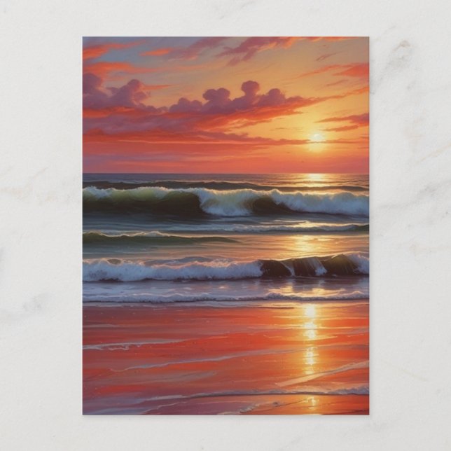 Carte Postale Coucher Rouge Océan Peinture de paysage marin (Devant)