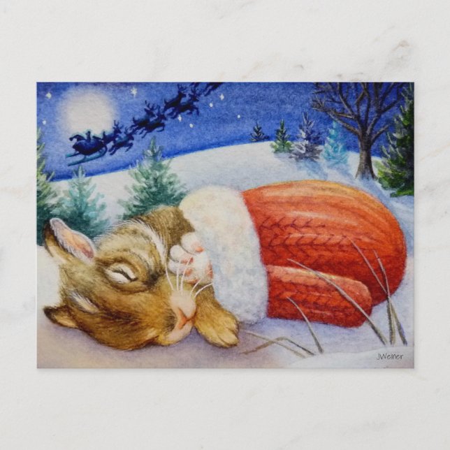 Carte Postale Couches de lapin en Père Noël l'aquarelle Mitten A (Devant)