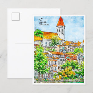 Carte Postale Couleur d'aquarelle de voyage du vin Thun Switzerl