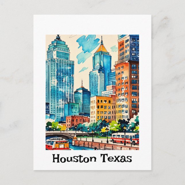 Carte Postale Couleur d'eau de Houston Skyline (Devant)