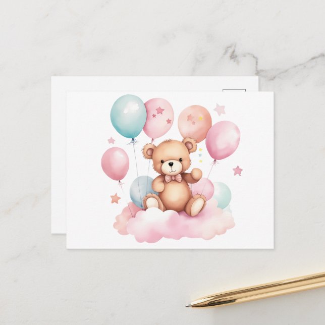Carte Postale Couleur d'eau mignonne Boulon en peluche sur nuage (Devant/Arrière en situation)