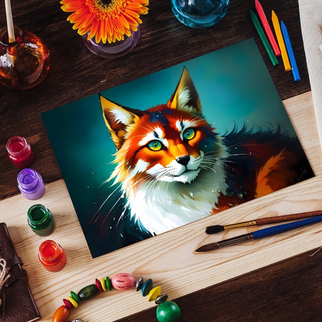Carte Postale couleur vive imaginaire rouge chaton blanc animal (Créateur téléchargé)