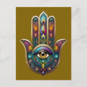 Carte Postale Couleurs de paon Hamsa avec troisième œil doré