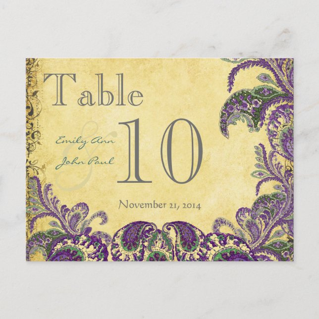 Carte Postale Couleurs Peacock violet Paisley Mariage Numéro de  (Devant)