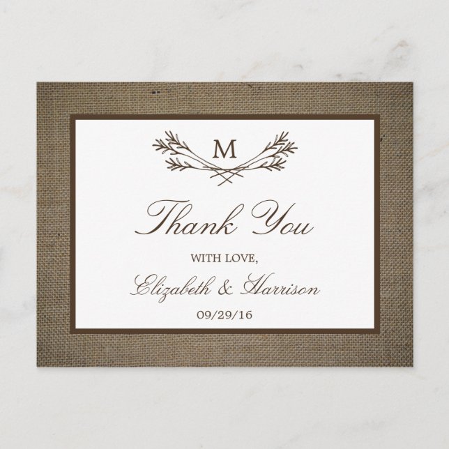 Carte Postale Country Rustic Monogramme Branche & Mariage Burlap (Devant)