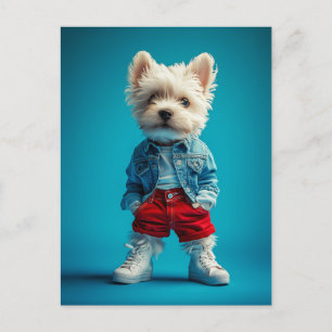 Carte Postale Coupe Westie stylish en Denim et Basket