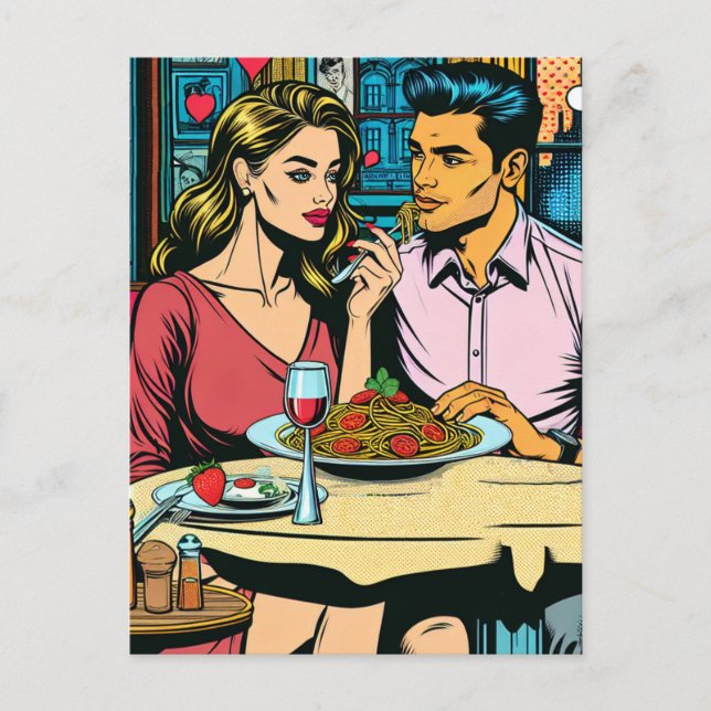 Carte Postale Couple à la première date | Dîner Spaghettis (Devant)