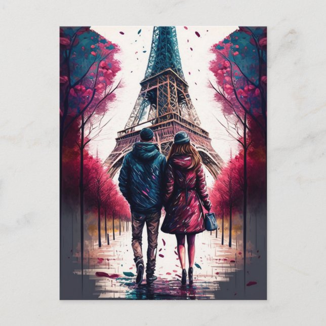 Carte Postale Couple à la Tour Eiffel Paris France (Devant)