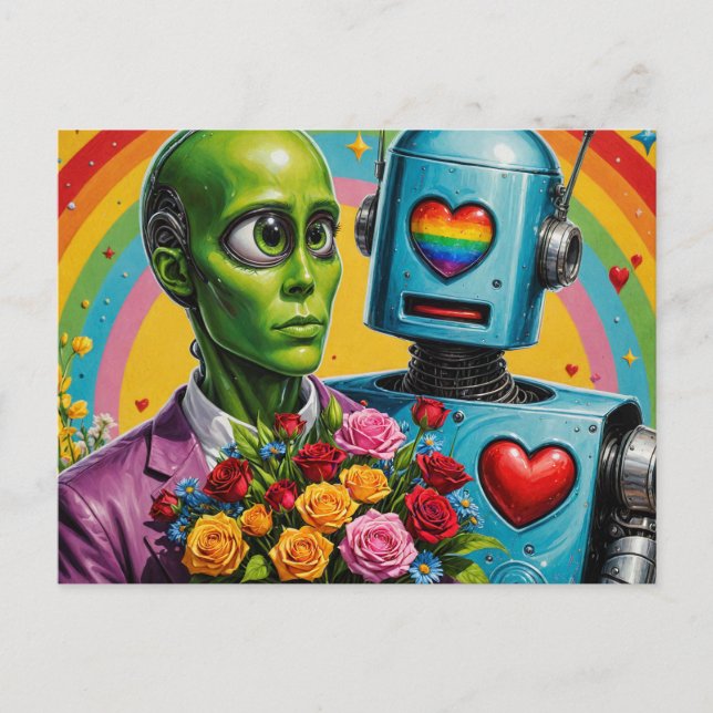 Carte Postale Couple Alien et robot (Devant)