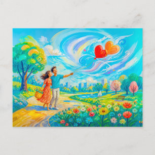 Carte Postale Couple avec ballons en forme de cœur dans un parc 