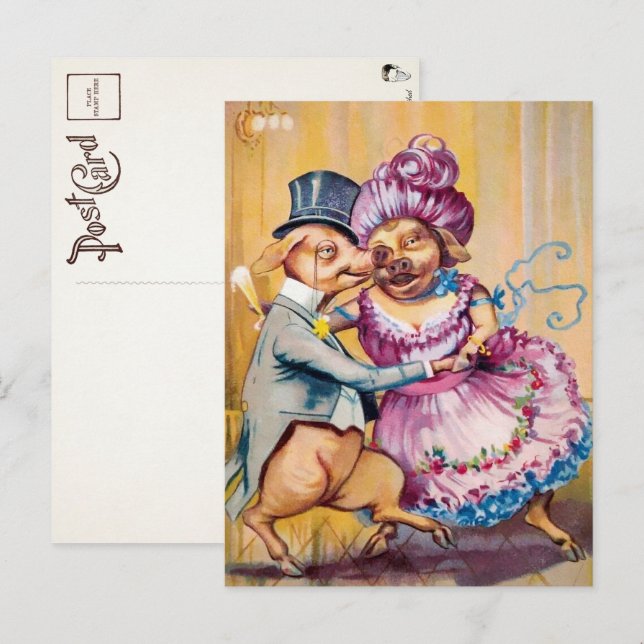 Carte postale Couple Cochon Victorien Dancing (Devant / Derrière)