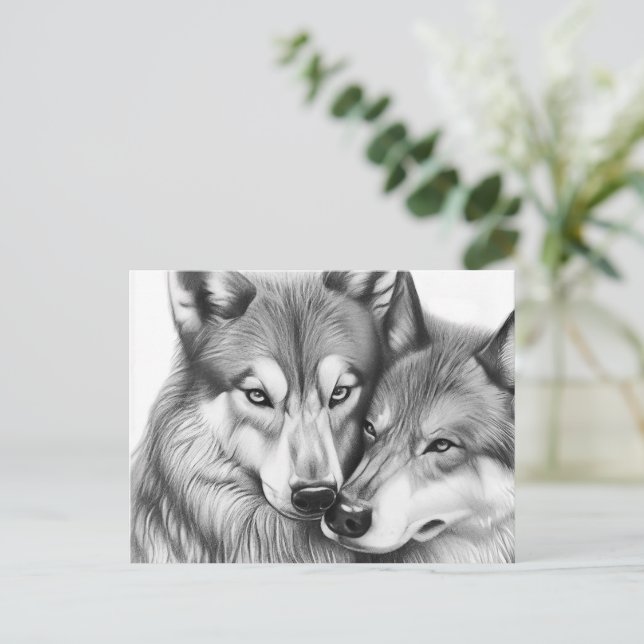 Carte Postale Couple Couple Loup animal dans le coeur amoureux (Debout devant)