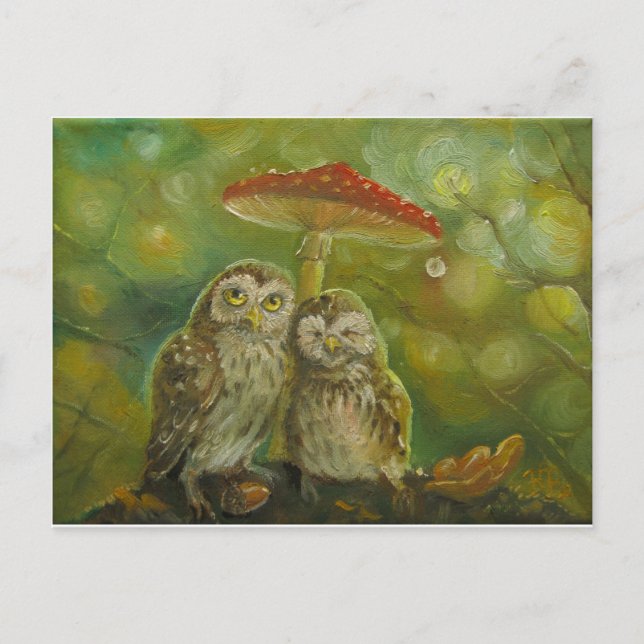 Carte Postale Couple de chouette sous le champignon (Devant)