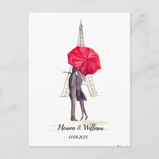 Carte Postale Couple de Paris tour Eiffel parapluie rouge Mariag (Devant)