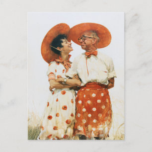 Carte Postale Couple d'été vintage avec chapeaux orange
