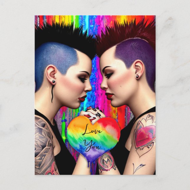 Carte Postale Couple Lesbien Couple Arc-En-Ciel mignon Vous Aime (Devant)